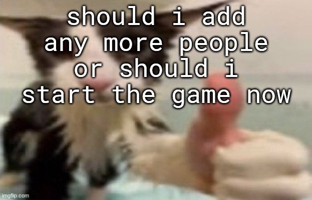 soggy cat thumbs up | should i add any more people or should i start the game now | image tagged in soggy cat thumbs up | made w/ Imgflip meme maker