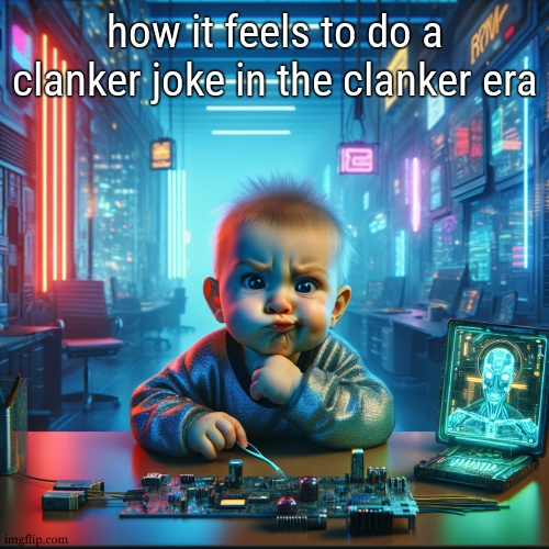 Baby working the AI! | how it feels to do a clanker joke in the clanker era | image tagged in baby working the ai | made w/ Imgflip meme maker