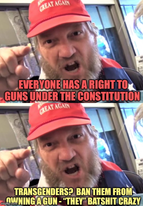Trump Logic | EVERYONE HAS A RIGHT TO GUNS UNDER THE CONSTITUTION; TRANSGENDERS?  BAN THEM FROM OWNING A GUN - “THEY” BATSHIT CRAZY | image tagged in angry trumper maga white supremacist,memes | made w/ Imgflip meme maker