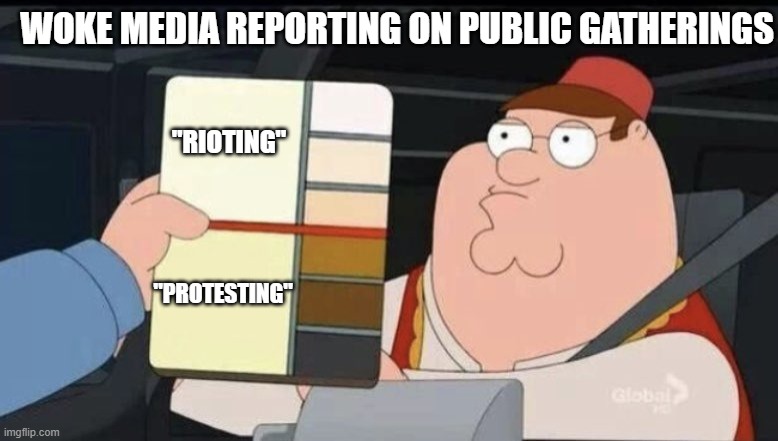 peter griffin color chart clean version | WOKE MEDIA REPORTING ON PUBLIC GATHERINGS; "RIOTING"; "PROTESTING" | image tagged in peter griffin color chart clean version | made w/ Imgflip meme maker