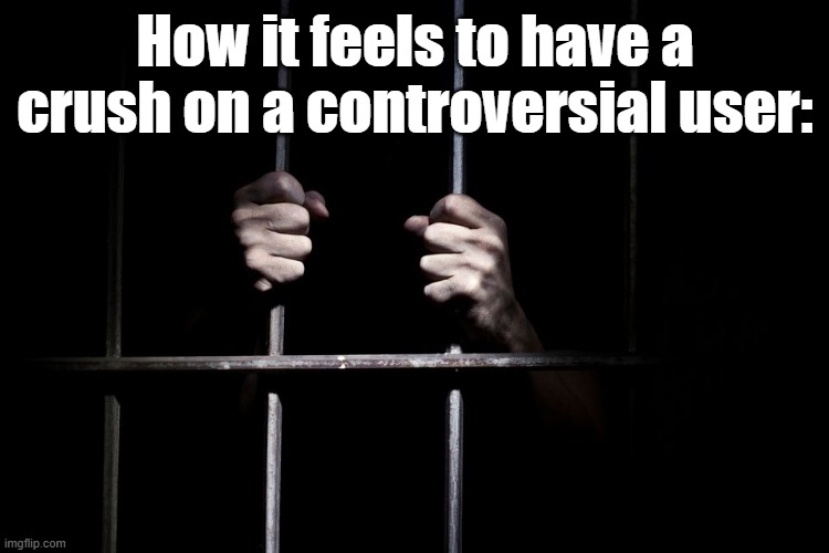 Hands on jail cell door | How it feels to have a crush on a controversial user: | image tagged in hands on jail cell door | made w/ Imgflip meme maker
