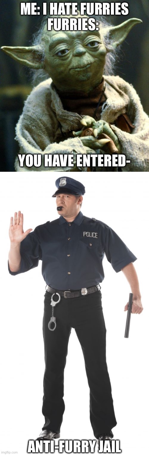 Anti furry jail | ME: I HATE FURRIES
FURRIES:; YOU HAVE ENTERED-; ANTI-FURRY JAIL | image tagged in memes,star wars yoda,stop cop | made w/ Imgflip meme maker