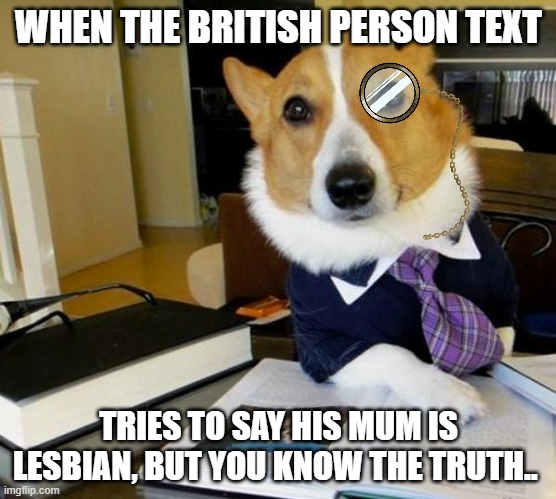 Lawyer Corgi Dog | WHEN THE BRITISH PERSON TEXT; TRIES TO SAY HIS MUM IS LESBIAN, BUT YOU KNOW THE TRUTH.. | image tagged in lawyer corgi dog | made w/ Imgflip meme maker