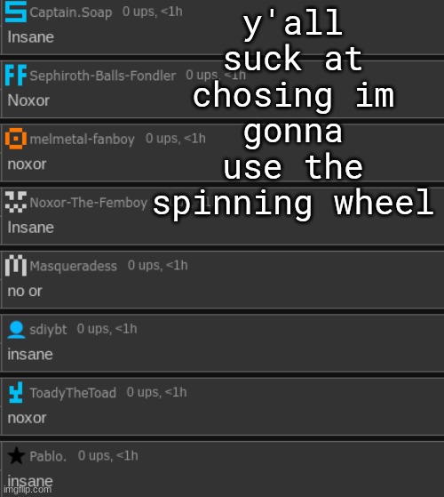 y'all suck at chosing im gonna use the spinning wheel | made w/ Imgflip meme maker