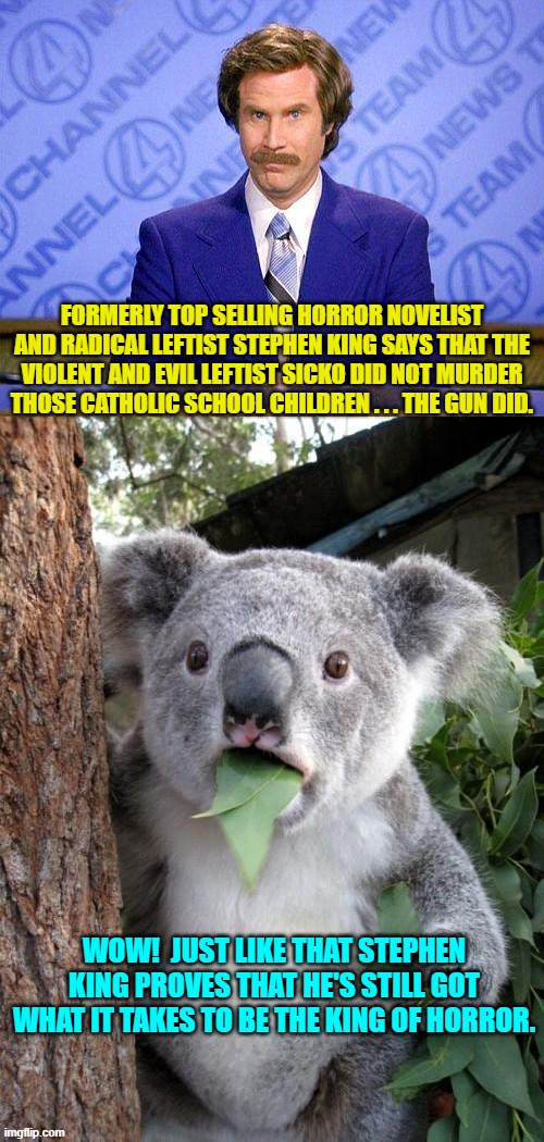 Stephen King puts the sickness in mental illness. | FORMERLY TOP SELLING HORROR NOVELIST AND RADICAL LEFTIST STEPHEN KING SAYS THAT THE VIOLENT AND EVIL LEFTIST SICKO DID NOT MURDER THOSE CATHOLIC SCHOOL CHILDREN . . . THE GUN DID. WOW!  JUST LIKE THAT STEPHEN KING PROVES THAT HE'S STILL GOT WHAT IT TAKES TO BE THE KING OF HORROR. | image tagged in anchorman news update | made w/ Imgflip meme maker