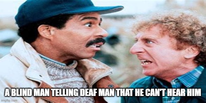 see no evil hear no evil | A BLIND MAN TELLING DEAF MAN THAT HE CAN'T HEAR HIM | image tagged in funny | made w/ Imgflip meme maker