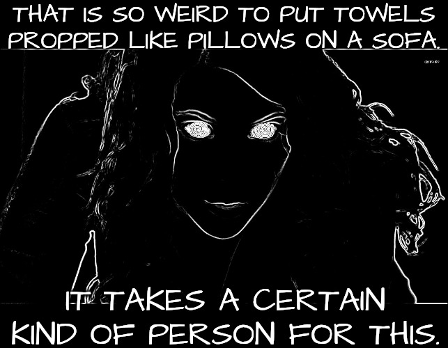 Hypnotizing | THAT IS SO WEIRD TO PUT TOWELS PROPPED LIKE PILLOWS ON A SOFA. IT TAKES A CERTAIN KIND OF PERSON FOR THIS. | image tagged in hypnotizing | made w/ Imgflip meme maker