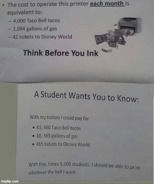 image tagged in school,printer,taco bell,tacos,gas,disney world | made w/ Imgflip meme maker