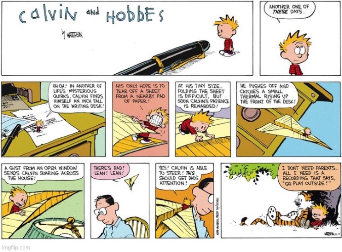 Calvin’s imagination… foiled, once again, by reality… | image tagged in calvin and hobbes,shrunk,inch high,imagination,dad | made w/ Imgflip meme maker