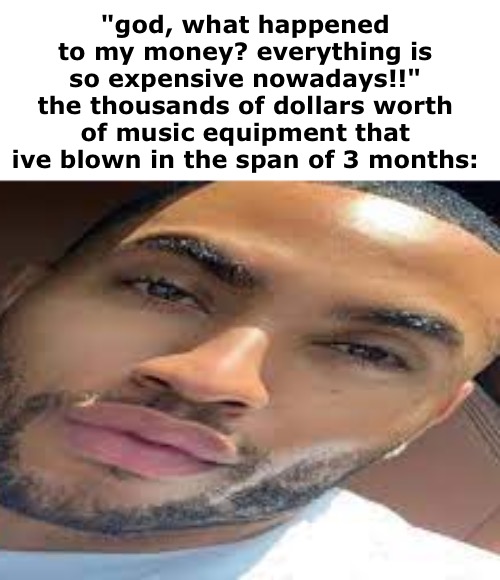 lightskin stare | "god, what happened to my money? everything is so expensive nowadays!!"
the thousands of dollars worth of music equipment that ive blown in the span of 3 months: | image tagged in lightskin stare | made w/ Imgflip meme maker
