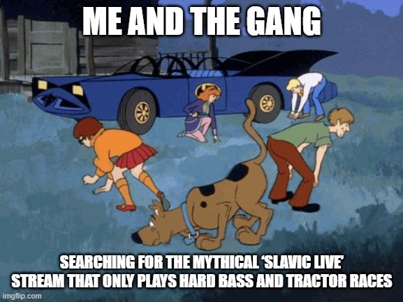 Scooby Doo Search | ME AND THE GANG; SEARCHING FOR THE MYTHICAL ‘SLAVIC LIVE’ STREAM THAT ONLY PLAYS HARD BASS AND TRACTOR RACES | image tagged in scooby doo search,slavic live | made w/ Imgflip meme maker