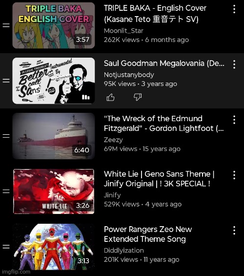 Basically the first five videos of my shuffled yt playlist | made w/ Imgflip meme maker