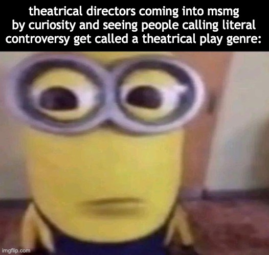 Minion Stare | theatrical directors coming into msmg by curiosity and seeing people calling literal controversy get called a theatrical play genre: | image tagged in minion stare,msmg | made w/ Imgflip meme maker