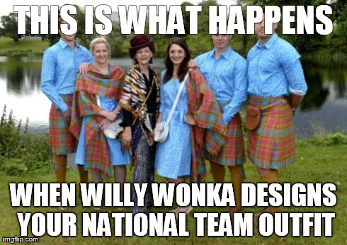 THIS IS WHAT HAPPENS WHEN WILLY WONKA DESIGNS YOUR NATIONAL TEAM OUTFIT | image tagged in scotland commonwealth games | made w/ Imgflip meme maker