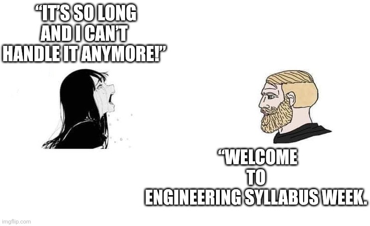 Crying Aya Asagiri vs Yes Chad | “WELCOME TO ENGINEERING SYLLABUS WEEK. “IT’S SO LONG AND I CAN’T HANDLE IT ANYMORE!” | image tagged in crying aya asagiri vs yes chad | made w/ Imgflip meme maker