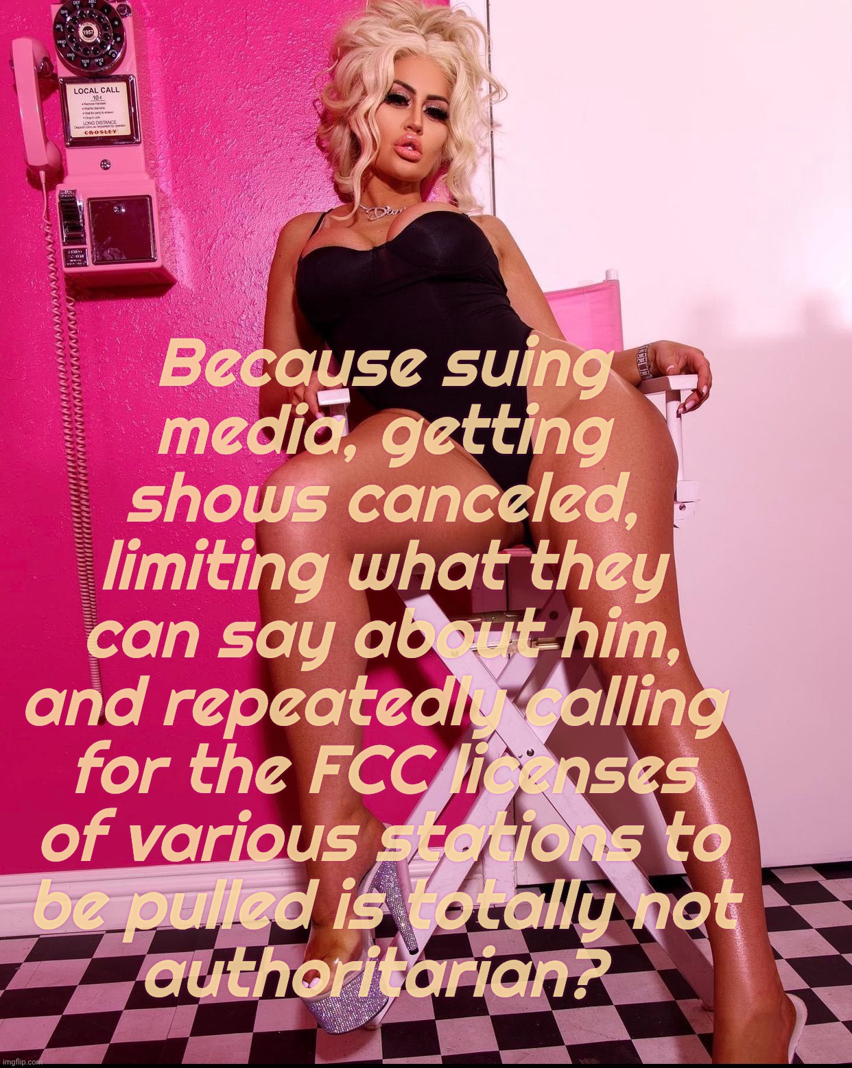 Not authoritarian and slightest, nope | Because suing
media, getting
shows canceled,
limiting what they
can say about him,
and repeatedly calling 
for the FCC licenses
of various s | image tagged in danii banks | made w/ Imgflip meme maker
