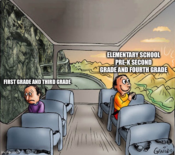 Two guys on a bus | ELEMENTARY SCHOOL PRE-K SECOND GRADE AND FOURTH GRADE; FIRST GRADE AND THIRD GRADE | image tagged in two guys on a bus | made w/ Imgflip meme maker