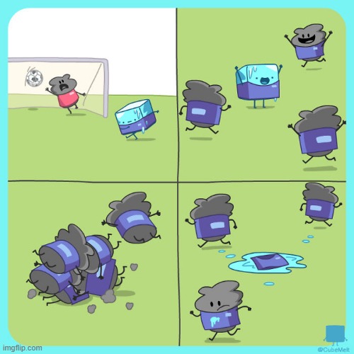 image tagged in ice cube,soccer,teammates,celebration,melting,water | made w/ Imgflip meme maker