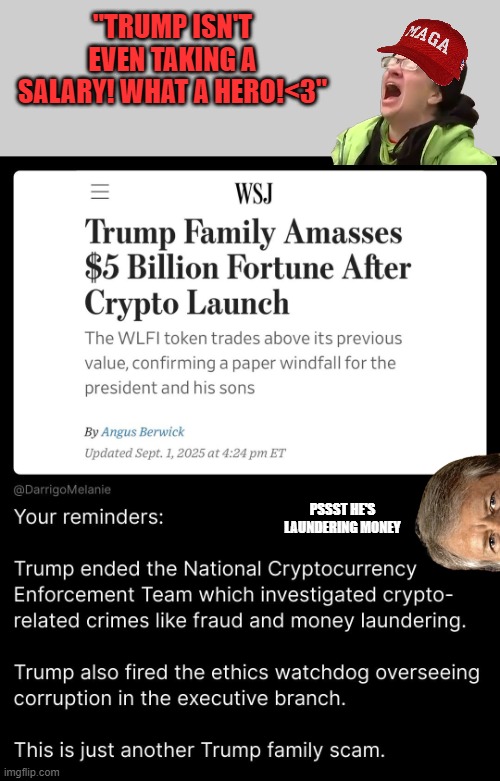 "TRUMP ISN'T EVEN TAKING A SALARY! WHAT A HERO!<3"; PSSST HE'S LAUNDERING MONEY | image tagged in trump,maga,pedo,criminal,jail | made w/ Imgflip meme maker