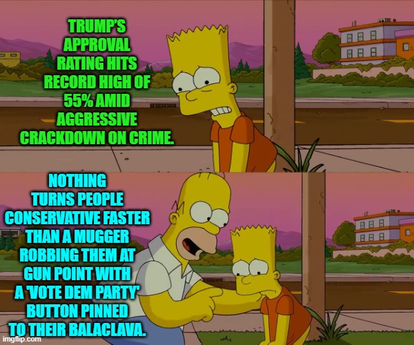 Living the leftist vision of ideological rule has been an 'eye opener' for the average citizen. | TRUMP’S APPROVAL RATING HITS RECORD HIGH OF 55% AMID AGGRESSIVE CRACKDOWN ON CRIME. NOTHING TURNS PEOPLE CONSERVATIVE FASTER THAN A MUGGER ROBBING THEM AT GUN POINT WITH A 'VOTE DEM PARTY' BUTTON PINNED TO THEIR BALACLAVA. | image tagged in homer and bart worst day so far | made w/ Imgflip meme maker