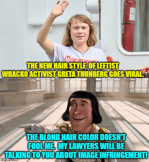 Oops, eh? | THE NEW HAIR STYLE  OF LEFTIST WHACKO ACTIVIST GRETA THUNBERG GOES VIRAL. THE BLOND HAIR COLOR DOESN'T FOOL ME.  MY LAWYERS WILL BE TALKING TO YOU ABOUT IMAGE INFRINGEMENT! | image tagged in farquaad pointing | made w/ Imgflip meme maker
