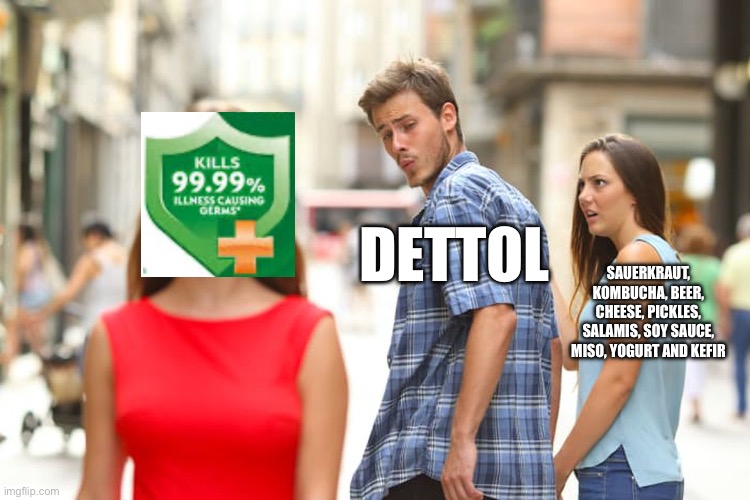 Distracted Boyfriend | DETTOL; SAUERKRAUT, KOMBUCHA, BEER, CHEESE, PICKLES, SALAMIS, SOY SAUCE, MISO, YOGURT AND KEFIR | image tagged in memes,distracted boyfriend | made w/ Imgflip meme maker