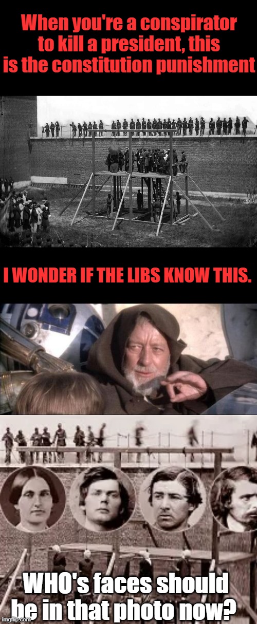 Works on conspirators & coconspirators. DOJ needs to get serious & start the trials if they had failed my guess "IS" | When you're a conspirator to kill a president, this is the constitution punishment; I WONDER IF THE LIBS KNOW THIS. WHO's faces should be in that photo now? | image tagged in memes,these aren't the droids you were looking for | made w/ Imgflip meme maker