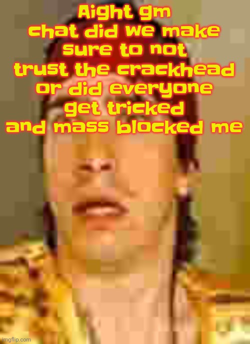 when the | Aight gm chat did we make sure to not trust the crackhead or did everyone get tricked and mass blocked me | image tagged in when the | made w/ Imgflip meme maker