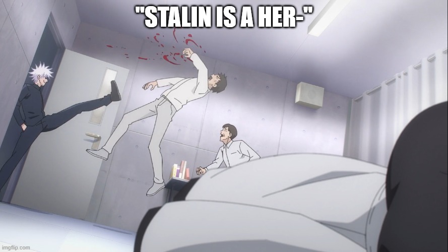 you like this anime russian_tsarist_8 | "STALIN IS A HER-" | image tagged in gojo satoru kicks guy in the face | made w/ Imgflip meme maker