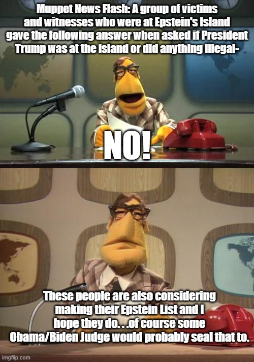 Another demoncrat/eftard narrative blown out of the water. | Muppet News Flash: A group of victims and witnesses who were at Epstein's Island gave the following answer when asked if President Trump was at the island or did anything illegal-; NO! These people are also considering making their Epstein List and I hope they do. . .of course some Obama/Biden Judge would probably seal that to. | image tagged in muppet news flash,muppet news,president trump,jeffrey epstein,poltics,political meme | made w/ Imgflip meme maker