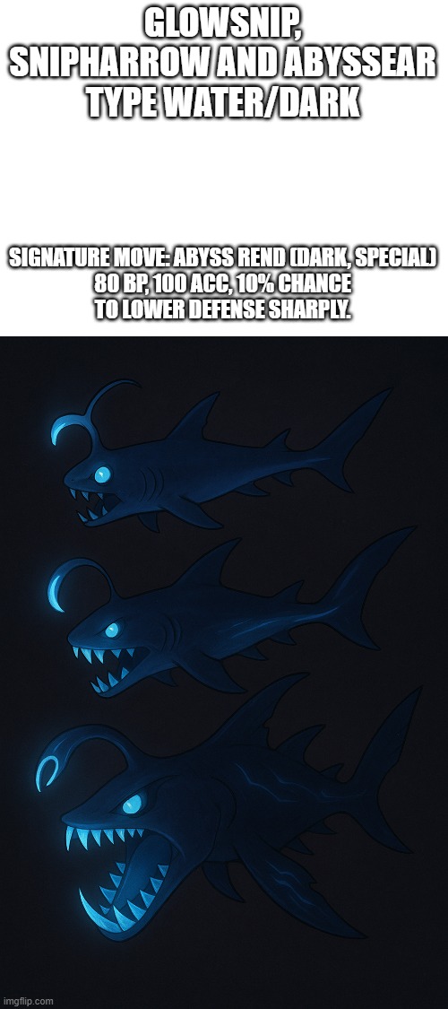new fakemon | GLOWSNIP, SNIPHARROW AND ABYSSEAR
TYPE WATER/DARK; SIGNATURE MOVE: ABYSS REND (DARK, SPECIAL)

80 BP, 100 ACC, 10% CHANCE TO LOWER DEFENSE SHARPLY. | image tagged in pokemon,fakemon | made w/ Imgflip meme maker