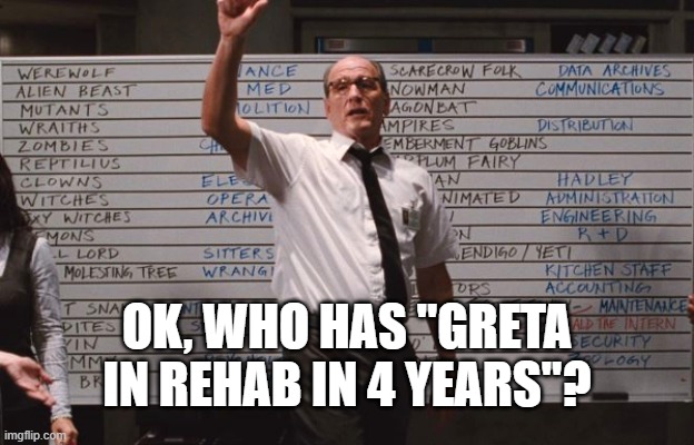 Cabin the the woods | OK, WHO HAS "GRETA IN REHAB IN 4 YEARS"? | image tagged in cabin the the woods | made w/ Imgflip meme maker