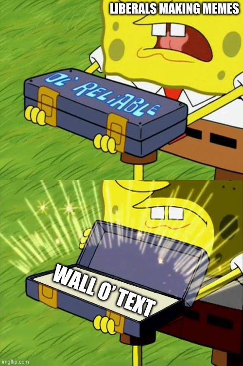 Liberals making memes in a nutshell | LIBERALS MAKING MEMES; WALL O’ TEXT | image tagged in ol' reliable | made w/ Imgflip meme maker