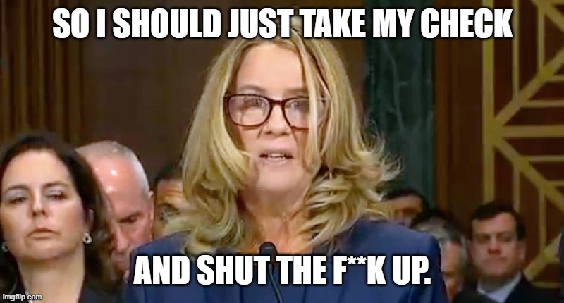 Christine Blasey Ford | SO I SHOULD JUST TAKE MY CHECK AND SHUT THE F**K UP. | image tagged in christine blasey ford | made w/ Imgflip meme maker