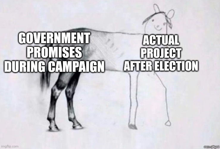 Promises | GOVERNMENT PROMISES DURING CAMPAIGN; ACTUAL PROJECT AFTER ELECTION | image tagged in horse drawing | made w/ Imgflip meme maker