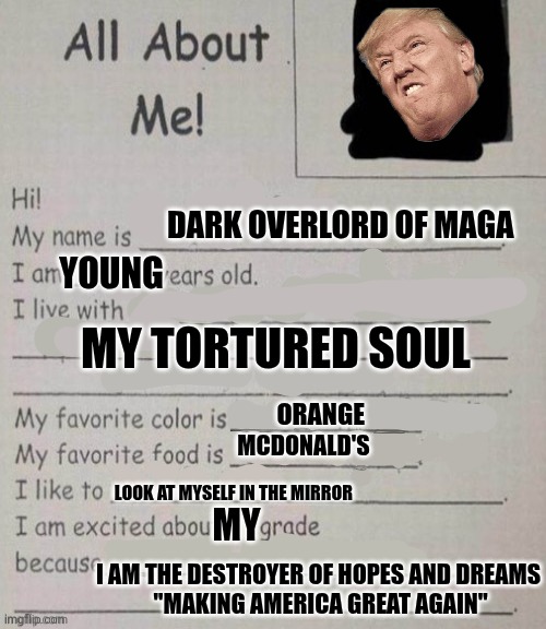all about me! | DARK OVERLORD OF MAGA LOOK AT MYSELF IN THE MIRROR YOUNG MY TORTURED SOUL ORANGE MCDONALD'S MY I AM THE DESTROYER OF HOPES AND DREAMS
 "MAKI | image tagged in all about me | made w/ Imgflip meme maker