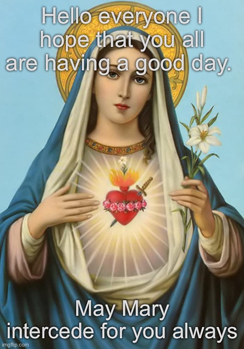 Hi :) | Hello everyone I hope that you all are having a good day. May Mary intercede for you always | image tagged in immaculate heart of mary | made w/ Imgflip meme maker
