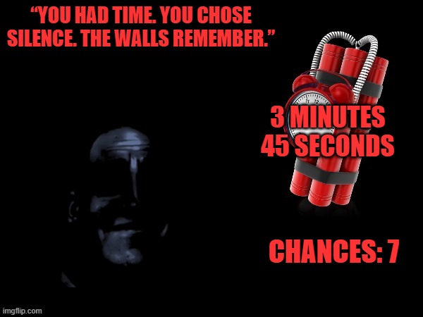 Mr Incredible Error 1 (Part 8A) | “YOU HAD TIME. YOU CHOSE SILENCE. THE WALLS REMEMBER.”; 3 MINUTES
45 SECONDS; CHANCES: 7 | image tagged in the chance of surreal time of barney | made w/ Imgflip meme maker