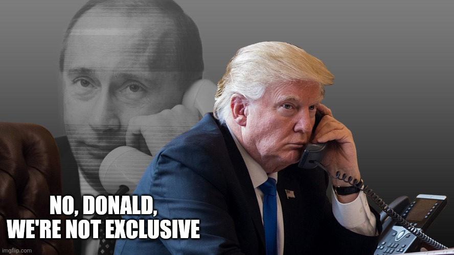 Trump Putin Phone Call | NO, DONALD, 

WE'RE NOT EXCLUSIVE | image tagged in trump putin phone call | made w/ Imgflip meme maker