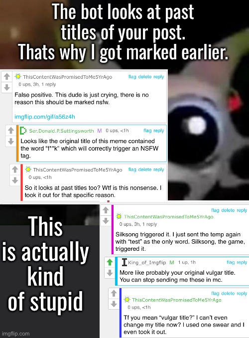 There is literally no reason it should look at past titles. No one can even see them besides mods. | The bot looks at past titles of your post. Thats why I got marked earlier. This is actually kind of stupid | image tagged in scared car | made w/ Imgflip meme maker