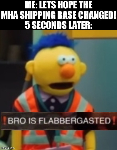 it did not change, it DID NOT CHANGE AT ALL!! | ME: LETS HOPE THE MHA SHIPPING BASE CHANGED!
5 SECONDS LATER: | image tagged in flabbergasted yellow guy | made w/ Imgflip meme maker