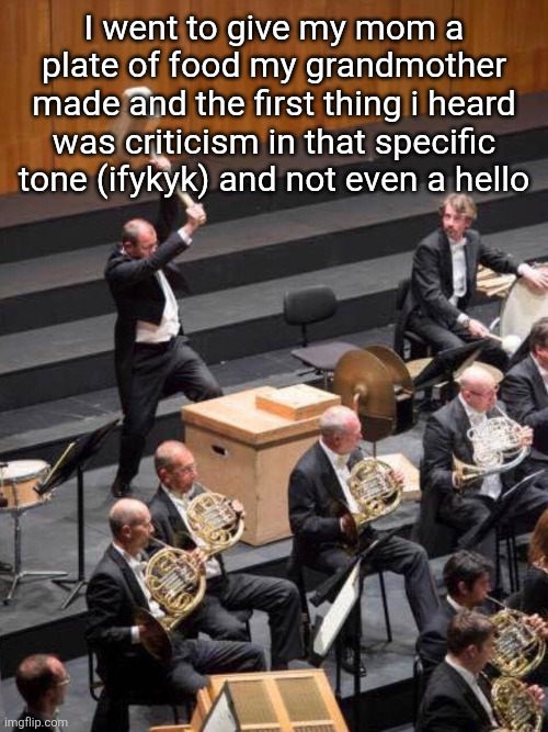 My mom genuinely scares me sm | I went to give my mom a plate of food my grandmother made and the first thing i heard was criticism in that specific tone (ifykyk) and not even a hello | image tagged in mahler symphony no 6 hammer | made w/ Imgflip meme maker