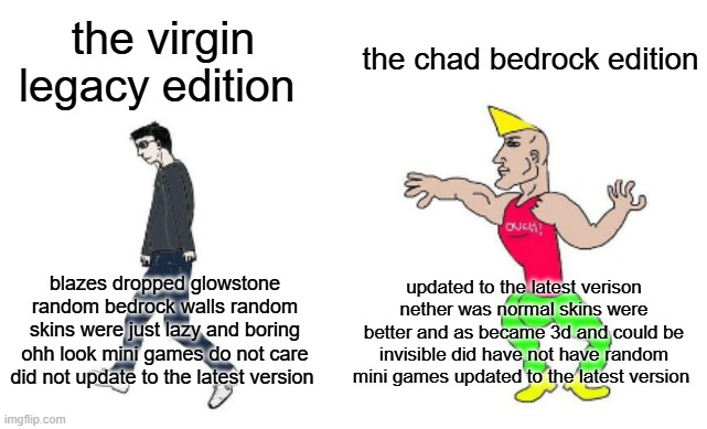 virgin legacy edition vs the chad bedrock edition | the chad bedrock edition; the virgin legacy edition; updated to the latest verison nether was normal skins were better and as became 3d and could be invisible did have not have random mini games updated to the latest version; blazes dropped glowstone random bedrock walls random skins were just lazy and boring ohh look mini games do not care did not update to the latest version | image tagged in virgin vs chad | made w/ Imgflip meme maker