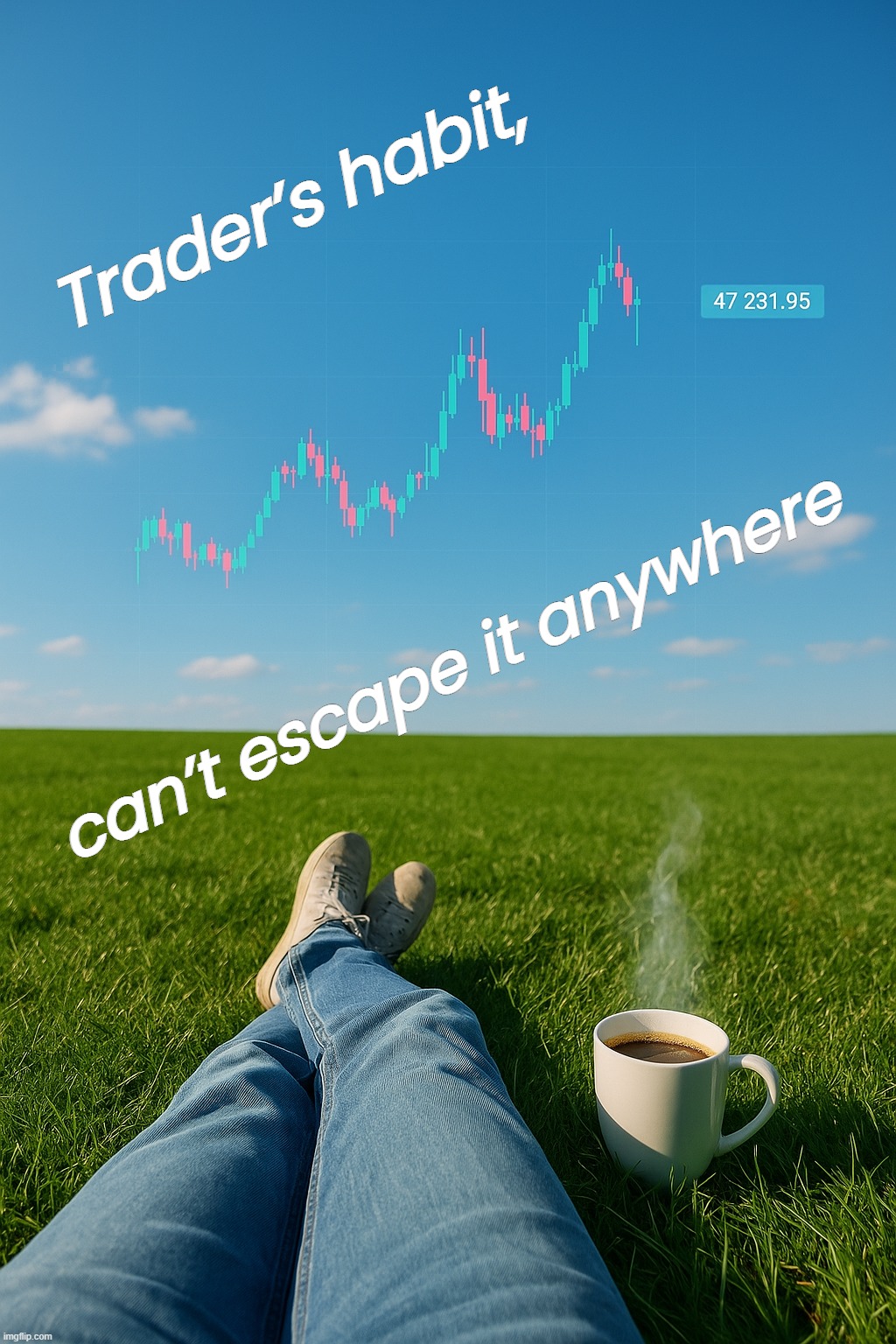 Touch grass | Trader’s habit, can’t escape it anywhere | image tagged in trader,touch grass | made w/ Imgflip meme maker