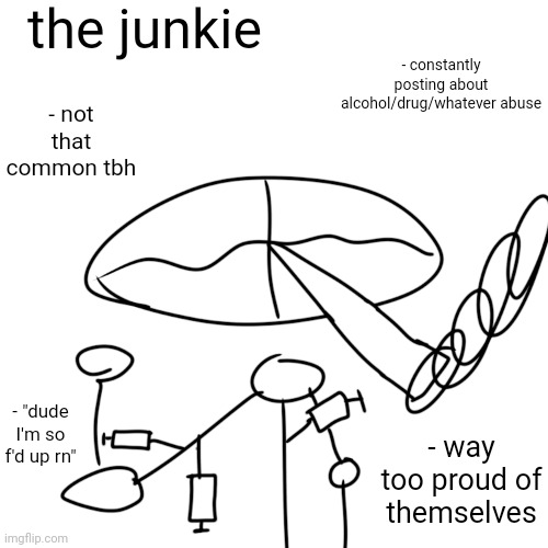there's only been like three of these in recent memory but wtv | the junkie; - constantly posting about alcohol/drug/whatever abuse; - not that common tbh; - "dude I'm so f'd up rn"; - way too proud of themselves | made w/ Imgflip meme maker