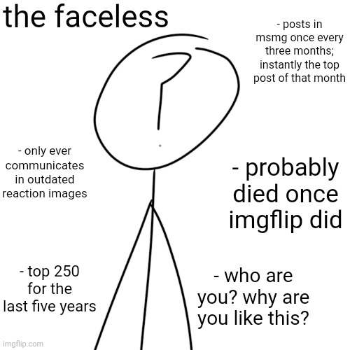 the faceless; - posts in msmg once every three months; instantly the top post of that month; - only ever communicates in outdated reaction images; - probably died once imgflip did; - top 250 for the last five years; - who are you? why are you like this? | made w/ Imgflip meme maker