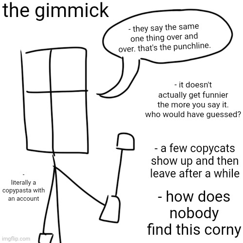 the gimmick; - they say the same one thing over and over. that's the punchline. - it doesn't actually get funnier the more you say it. who would have guessed? - a few copycats show up and then leave after a while; - literally a copypasta with an account; - how does nobody find this corny | made w/ Imgflip meme maker