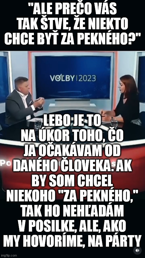 "ALE PREČO VÁS TAK ŠTVE, ŽE NIEKTO CHCE BYŤ ZA PEKNÉHO?"; LEBO JE TO NA ÚKOR TOHO, ČO JA OČAKÁVAM OD DANÉHO ČLOVEKA. AK BY SOM CHCEL NIEKOHO "ZA PEKNÉHO," TAK HO NEHĽADÁM V POSILKE, ALE, AKO
MY HOVORÍME, NA PÁRTY | made w/ Imgflip meme maker