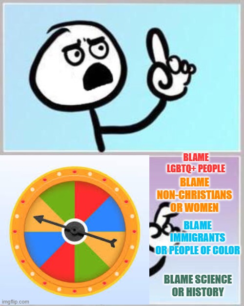 Wait what? | BLAME LGBTQ+ PEOPLE BLAME NON-CHRISTIANS
OR WOMEN BLAME IMMIGRANTS
OR PEOPLE OF COLOR BLAME SCIENCE
OR HISTORY | image tagged in wait what | made w/ Imgflip meme maker