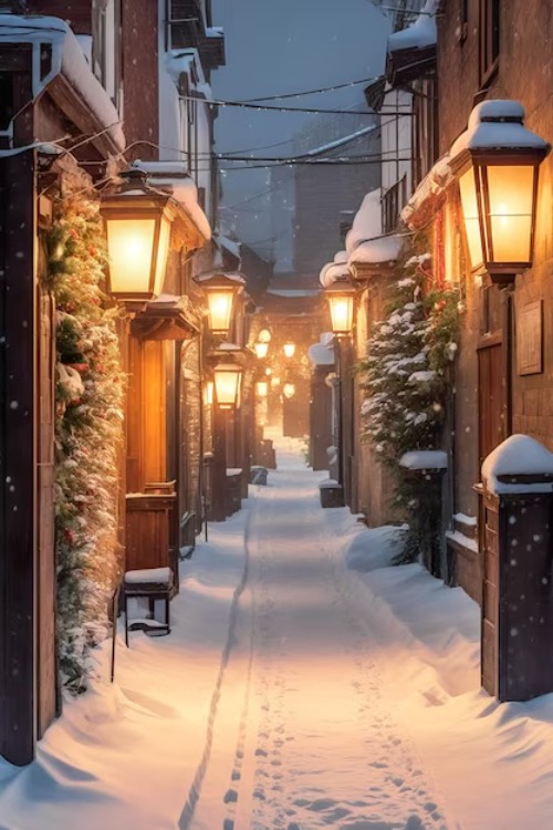Beautifully Peaceful | image tagged in snow,winter,cold weather,oh it's beautiful,night,street | made w/ Imgflip meme maker
